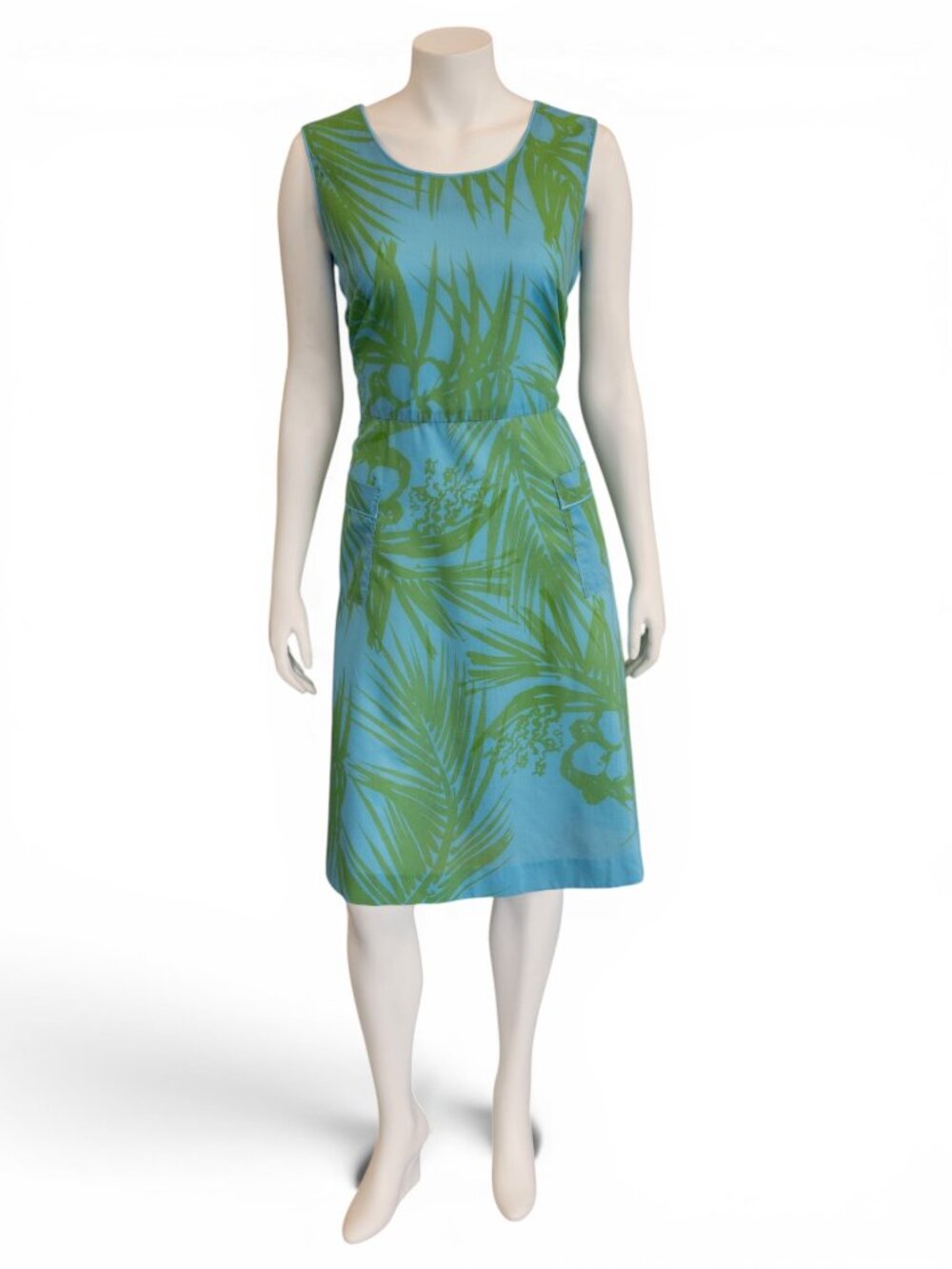1960s Hawaiian Tropical Shift Dress Blue Green Palm Print Cotton Mod Sundress